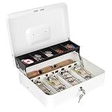 Sumerfnt Cash Box with Lock and Money Tray Money Box for Cash, Metal Lock Box for Money Cash Register - 11.8" x 9.4" x 3.54" White