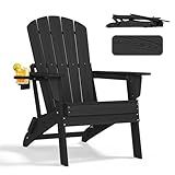 nevilywood Folding Adirondack Chair, Ergonomic Extended Backrest, HDPE All-Weather, 400lbs Capacity, Maintenance-Free, Cup Holder, （Black）- Outdoor Patio & Firepit Chair