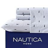 Nautica - Queen Size Sheet Set, Crisp Cotton Percale Bedding with Matching Pillowcases, Fully Elastic Fitted Sheet, Deep Pocket, Nautical Room Decor, Breathable All-Season Comfort (Whale Stripe Blue)