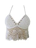 Black Bikini Halter Top Handmade Crochet Crop Top (White, M)