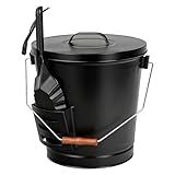 F2C 5.5 Gallon Large Ash Bucket with Lid and Shovel Fireplace Tool Set,Galvanized Metal Coal and Hot Ash Pail for Fireplace, Fire Pits, Wood Burning Stoves, Grill, Outdoor,Home Black