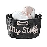 JUPPE Pet Storage Basket with Rope Handles, Cotton Woven Dog Toy Bin, Black with 'My Stuff' Text, Decorative Organization, Dog Toy Organizer (Black grey dog basket)