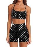 SUUKSESS Women 2 Piece Workout Sets Padded Halter Sports Bras High Waisted Biker Shorts with Pockets Built in Bra Athletic Tops (Black Polka Dots, M)