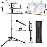 Music Stand New bee Foldable & Portable Metal Sheet Music Stand with Carrying Bag, Adjustable Podium Stand with Tripod Base and Sheet Music Folder - Black