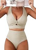 Herseas Women's Bikini Sets Knot Twist Top 2 Pieces Swimsuits High Waisted Textured Sporty Beige V Neck Bathing Suits Large