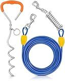 Petbobi Dog Tie-Out Cable and Stake - 30ft Heavy Duty Cable with Spring, No Tangle, 16in Ground Stake, Ideal for Yard, Camping and Beach, Suitable for Small Medium Large Dogs Up to 120 lbs, Blue