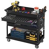 Percince 3 Tier Rolling Tool Cart with Drawer, 450 LBS Heavy Duty Utility Cart on Wheels, Service Cart for Garage, Workshop and Warehouse (Black)