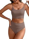 ANRABESS Women High Waisted Bikini Sets Color Block Summer Beach Vacation 2 Piece Bathing Suit Tummy Control Ribbed Swimsuit Brown Medium