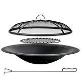 OutVue 35 inch Steel Fire Pit Bowl for DIY or Replacement Existing Fire Pits, Wood Burning Fire Pit Bowl with Spark Screen &Fire Poker, Fireplace for Backyard, Porch, Deck, Camping, BBQ(Smooth)