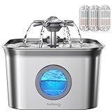 Stainless Steel Cat Water Fountain, 2.8L with 20dB Ultra-Quiet Pump- Ideal for Timid Pets, LED Water Level Window, Dishwasher Safe, 24/7 Circulation- Includes 3 Replacement Filters