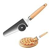 XINBADA 3 in 1 Pizza Spatula Server and Cutter - with Rolling Wheel & Rocker Blade, Wooden Handle Pie Cutter Tool, Cake Server, Pastry Cutter for Baking, Pie Gadgets & Hang Hole