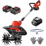 POGGT 21V Cordless Tiller for Gardening, 120Mins Runtime Rototiller, 11.8" Width 6.6" Depth Garden Tiller with 2x4.0Ah Batteries, 360RPM Electric Cultivator for Lawn/Soil/Cultivation/Garden