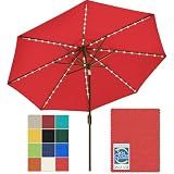 EliteShade USA 10-Year-Non-Fading 9ft Market Patio Umbrella, Commercial Grade Table Sun Umbrella with 80 Solar LED Lights, Crank Open, Windproof & UPF 50+ UV Protection for Garden, Deck, Pool, Backyard, Logo Red