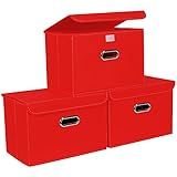STOREONE Fabric Storage Cube Bins Foldable Organizer Container Collapsible Basket with Lids and Metal Handles, for Home, Bedroom, Closet 3 Pcs (Red)