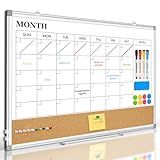 QUEENLINK Dry Erase Calendar Whiteboard for Wall, 24"x18" Magnetic Monthly White Board Cork Board Combo, Double Sided, Aluminum Frame, Wall Hanging Wipe Board for Home, Office, School, Dorm