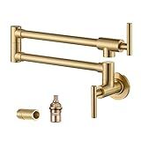 WOWOW Pot Filler Faucet Brushed Gold, Solid Brass Pot Filler Wall Mount Kitchen Stove Faucet with Double Joint Swing Arms