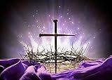 Loccor Fabric 7x5ft Crucifixion of Jesus Backdrop Crown of Thorns Cross Nail Holy Light Photography Background Purple Easter Religious Banner Christian Church Event Party Decoration Photo Booth Props