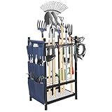 SAMRELAX Garden Tool Rack Freestanding, Heavy Duty Garden Tool Organizer, 3-tier Tool Rack, Multifunctional Yard Tool Storage with Hooks and Storage pockets for Outdoor Long-Handled Broom Shovel Rake