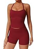 QBGJTD Two Piece Workout Sets For Women Straps Cross Back Tank Top Matching High Waist Booty Lifting Biker Shorts 2 Piece Gym Yoga Active Wear Outfits Womens Athletic Work Out Clothes Burgundy S