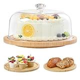 Ohuhu Cake Stand with Lid, Bamboo 2-in-1 Cake Turntable Cake Holder Plate Serving Platter with Acrylic Dome Three Detachable Supports for Birthday Kitchen Party Baking Decorative Mothers Day Gifts