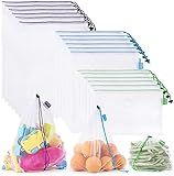 SPLF 18 Pcs Heavy Duty Reusable Mesh Produce Bags, Barcode Scanable See Through Food Safe Mesh Bags with Drawstring for Fruits, Vegetable, Food, Toys, Grocery Storage