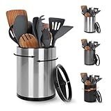 Nigelia Extra Large Kitchen Utensil Holder, 360° Rotating Stainless Steel Cooking Utensil Holder for Countertop, 3 Compartment Flatware Organizer & Cooking Caddy with Removable Base（Silvery）