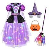 Meland Witch Costume for Girls, Light Up Halloween Costumes for Kids Toddlers 3-10, Witch Dress for Girls Dress Up (5-6 Years)