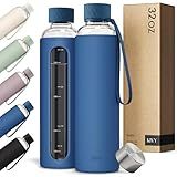 KIVY Glass Water Bottle with Silicone Sleeve 32 oz [WITH MEASUREMENT] - Borosilicate Glass Water Bottle Screw Top - Clear Bottles with Measurement Marking - Slim Waterbottle Aesthetic - Blue