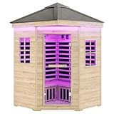 Albott Outdoor Sauna 4 Person, Infrared Saunas for Home, Low EMF 2850W/240V Spruce Wood Dry Sauna with Tourmaline Stone Foot Warmer, 7-Color Light Therapy & 2 Bluetooth Speakers, 59.1"x59.1"x98.4"