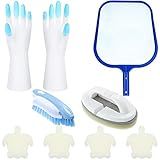 8 Pieces Hot Tub Accessories, Swimming Pool Cleaning Kit Spa Maintenance Supplies Contain Skimmer Net, Scrubbing Brush and Sponge Brush Turtle Oil Absorbing Sponge, with a Pair of Gloves