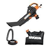 WORX Trivac 3-in-1 Electric Leaf Blower for Lawn Care, Leaf Mulcher/Leaf Vacuum with Bag, 350 CFM & 210 MPH, Leaf Shredder with Metal Impeller, Reusable Bag Included, Corded, WG505.2