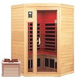SALUSHEAT Far Infrared Wooden Sauna Room, 2-3 Person Home Sauna Canadian Hemlock Indoor Corner Sauna Spa, 2 Bluetooth Speakers, 2 LED Reading Lamp, 3 Chromotherapy Lights, with Foot Sauna Bucket