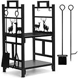 INNO STAGE Firewood Rack Fireplce Firepit Tools Set Double Layer Iron Wood Log Holder for Fire Place Outdoor Indoor Accessories-Brush, Shovel, Tong, Hook