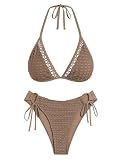 AFUL Women's Halter Triangle Bikini Set Crochet Boho Floral Swimsuit Cut Out Tie Side Two Piece Bathing Suit Brown L