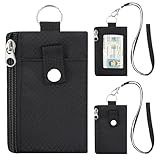 FORYEE Minimalist RFID Blocking Wallet with 2 Zip Pockets and Lanyard, Water Resistant ID Case with Key Ring and Cards Badge Holder, Coin Purse Pouch for Men and Women Travel Sports -BK