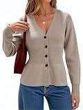 Cicy Bell Womens V Neck Cardigan Sweaters Long Sleeve Cinched Waist Knit Tops Dressy Casual Button Up Fitted Outerwear Khaki
