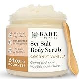 Bare Botanics Coconut Vanilla Body Scrub 24oz | Made in Madison, WI | All Natural Sea Salt Exfoliator w/ Skin Loving Moisturizers | Vegan & Cruelty Free | Gift Ready Packaging w/ a Cute Wooden Spoon