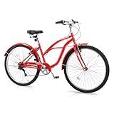 CamPingSurvivals Women Bike, 26 Inch Beach Cruiser Bike, 7 Speed Commuter Bicycle with Ergonomic Upright Frame, Full Front & Rear Fenders, Adjustable Seat and Foldable Front Basket (Red)