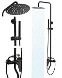All-Metal Outdoor Shower Fixture,3 Functions Handle Tub Rainfall Shower Faucet Sets with Dial Thermometer Brass Valve, Black Exposed Shower System with 10'' Rainfall Shower Head Adjustable