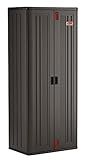Suncast 19 Cubic Ft. Heavy-Duty Resin Cabinet with Lockable Handles, Multi-Wall Construction, and Metal-Reinforced Shelves for Basement, Utility Room and Garage Storage, Black, Made in the USA