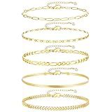iF YOU Gold Ankle Bracelets for Women, 14k Gold Plated Waterproof Cuban Link Chain Anklets Set, Layered Anklet Bracelets for Women Beach Gift Adjustable Size 5pc
