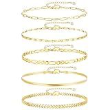 iF YOU Gold Ankle Bracelets for Women, 14k Gold Plated Waterproof Cuban Link Chain Anklets Set, Layered Anklet Bracelets for Women Beach Gift Adjustable Size 5pc