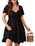 SCOMCHIC Women's Plus Size Summer Dresses Short Sleeve Sweetheart Neckline A Line Cocktail Boho Cute Mini Short Dress Black