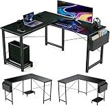 Sagenest L Shaped Desk, 50 Inch Reversible Computer Desk Corner Gaming Table with CPU Stand & Storage Bag, Sturdy Metal Frame PC Workstation for Home Office, Black Wood