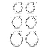 3 Pairs 925 Sterling Silver Hoop Earrings Small White Gold Plated Hoop Earrings for Women (13mm, 15mm, 20mm)