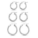 3 Pairs 925 Sterling Silver Hoop Earrings Small White Gold Plated Hoop Earrings for Women (13mm, 15mm, 20mm)
