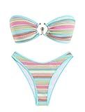 ZAFUL Women's Bandeau Bikini Sets Crochet Boho Stripe Bathing Suit for Women Bandeau Swim Top for Summer Party (Stripe Sky Blue XS)