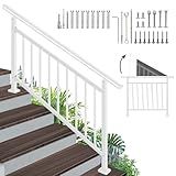 Adjustable Handrails for Outdoor Steps – White Metal Stair Railing with Installation Kit, Porch Railing Fits 1 to 5 Steps or Horizontal Use, Wrought Iron Hand Rails for Outdoor Steps