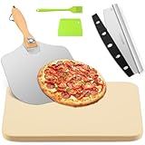 GOFOWEK Pizza Stone 5 PCS Set, 15 x 12" Large Rectangle Pizza Stone Set for Oven and Grill with Metal Pizza Peels & Cutter Rocker, 0.6'' Thickened Stone Pizza Pan, Baking Stone for Pizza, Bread