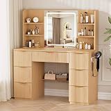 LIVELYGLOW 43" Large Natural Wood Makeup Vanity Desk with Charging Station